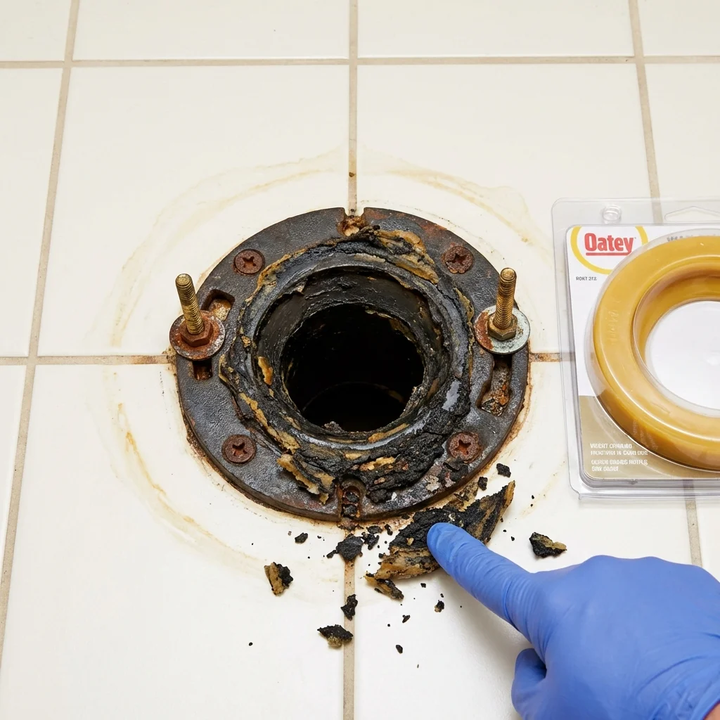Failed wax ring showing water seepage at the base of a toilet in a Dublin, CA home