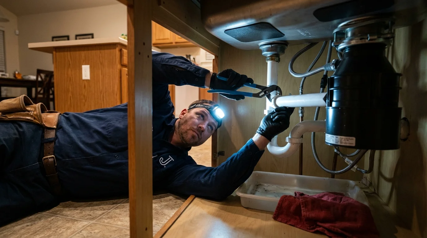 P-trap and supply line connections under a kitchen sink showing a common leak point in Dublin, CA